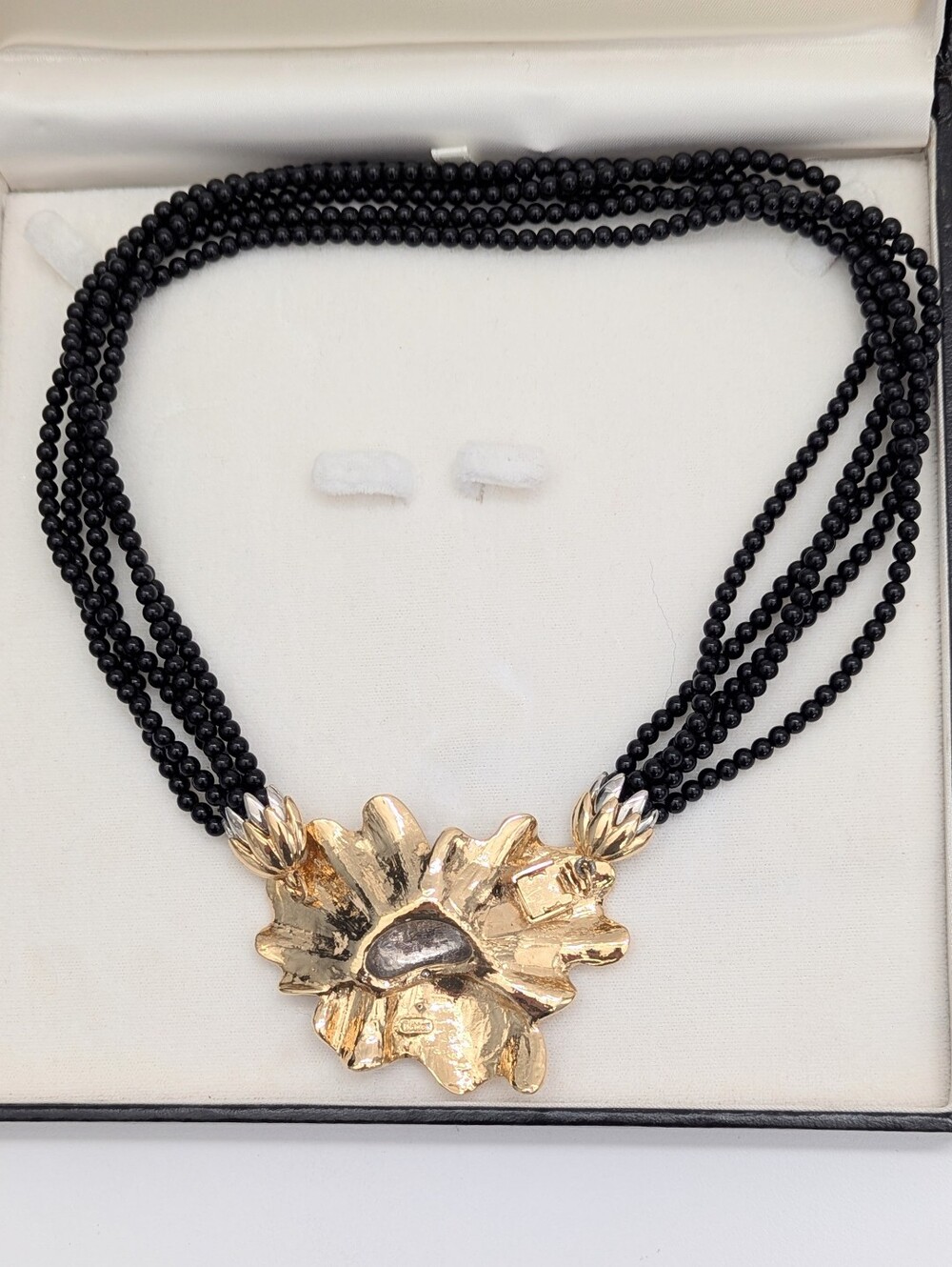 Vintage 5th Avenue Collection Gold-Tone Flower on Black Beaded Necklace